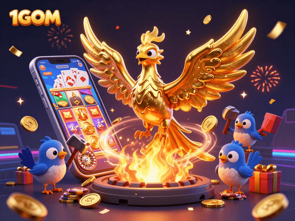 Engage with 1GOM's dynamic golden phoenix soaring alongside golden coins and charming gambling elements.