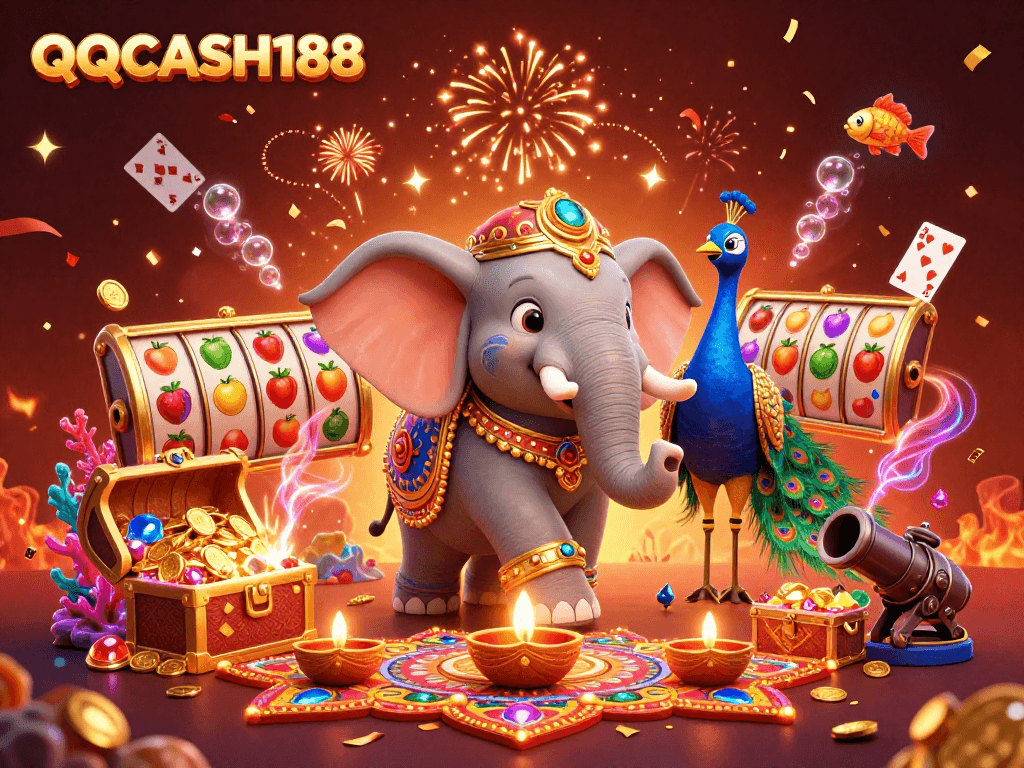 Experience QQCASH188 excitement with animated slots, colorful gems, and a vibrant casino atmosphere.
