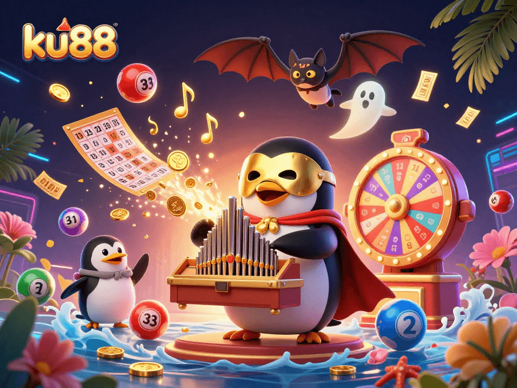 ku88's vibrant casino illustration featuring a penguin organist generating golden coins amid lottery excitement