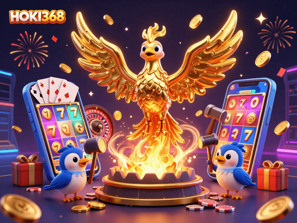 Experience HOKI368's dynamic gaming world with molten gold phoenix and vibrant slot games.