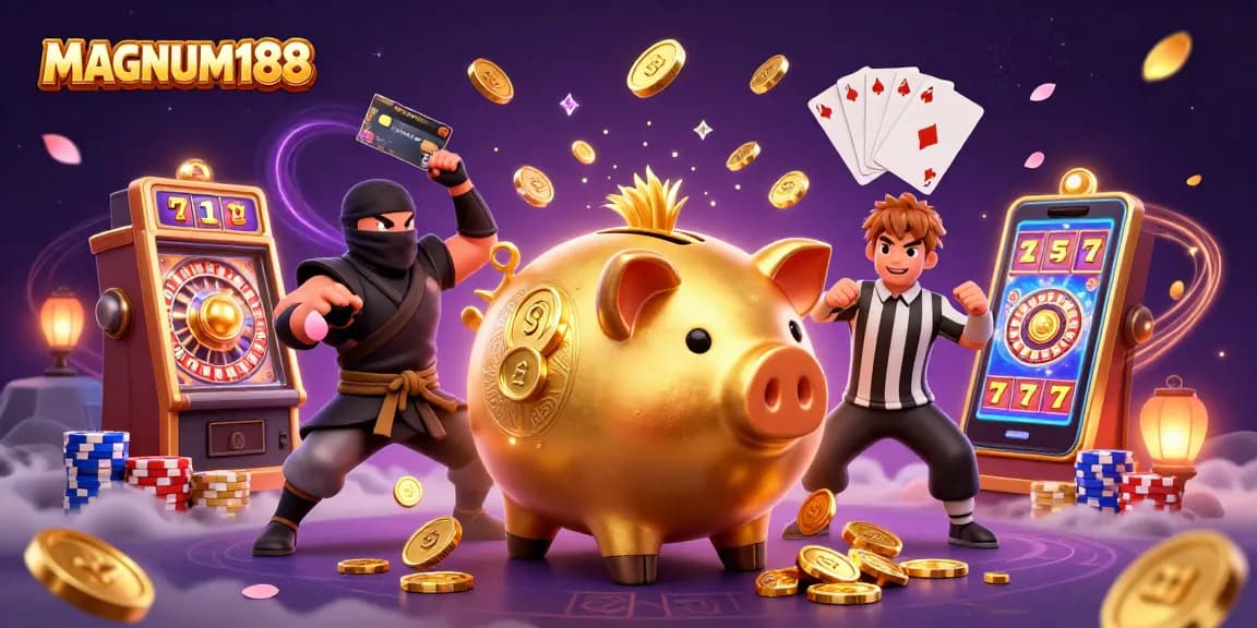 Experience MAGNUM188's exciting gameplay with a golden piggy bank sumo wrestler amid flying coins.