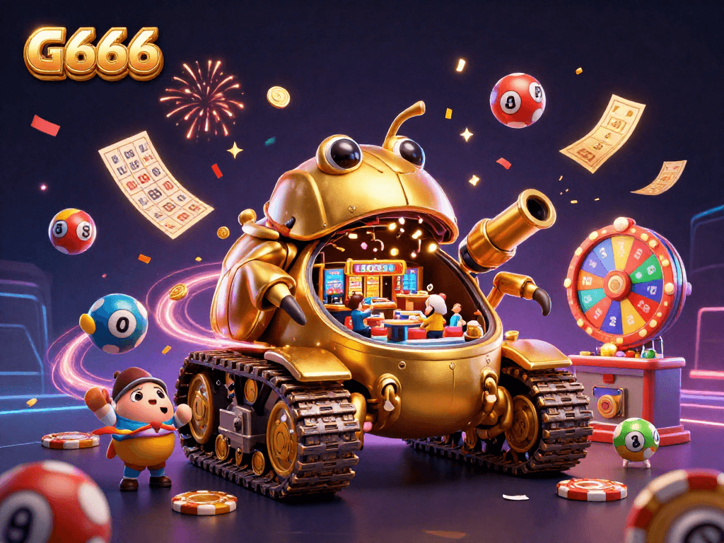 Experience the thrill of G666 with a vibrant casino-themed 3D illustration showcasing dynamic lottery games.