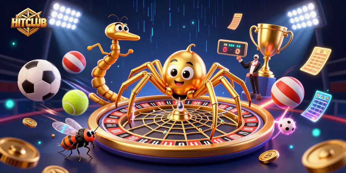 HITCLUB showcases thrilling betting action with a golden spider and dynamic sports elements in a vibrant casino scene.