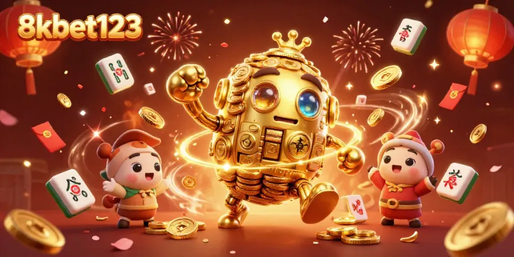Engage with 8xbet123 in a vibrant casino scene featuring golden golem and festive elements.