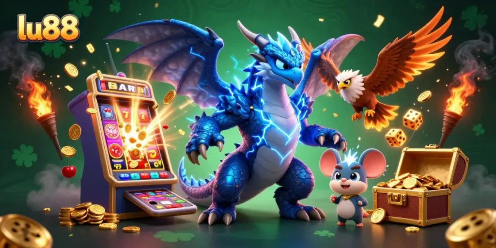 Engage with exciting gaming action at lu88, showcasing thrilling slot machines and dynamic characters.
