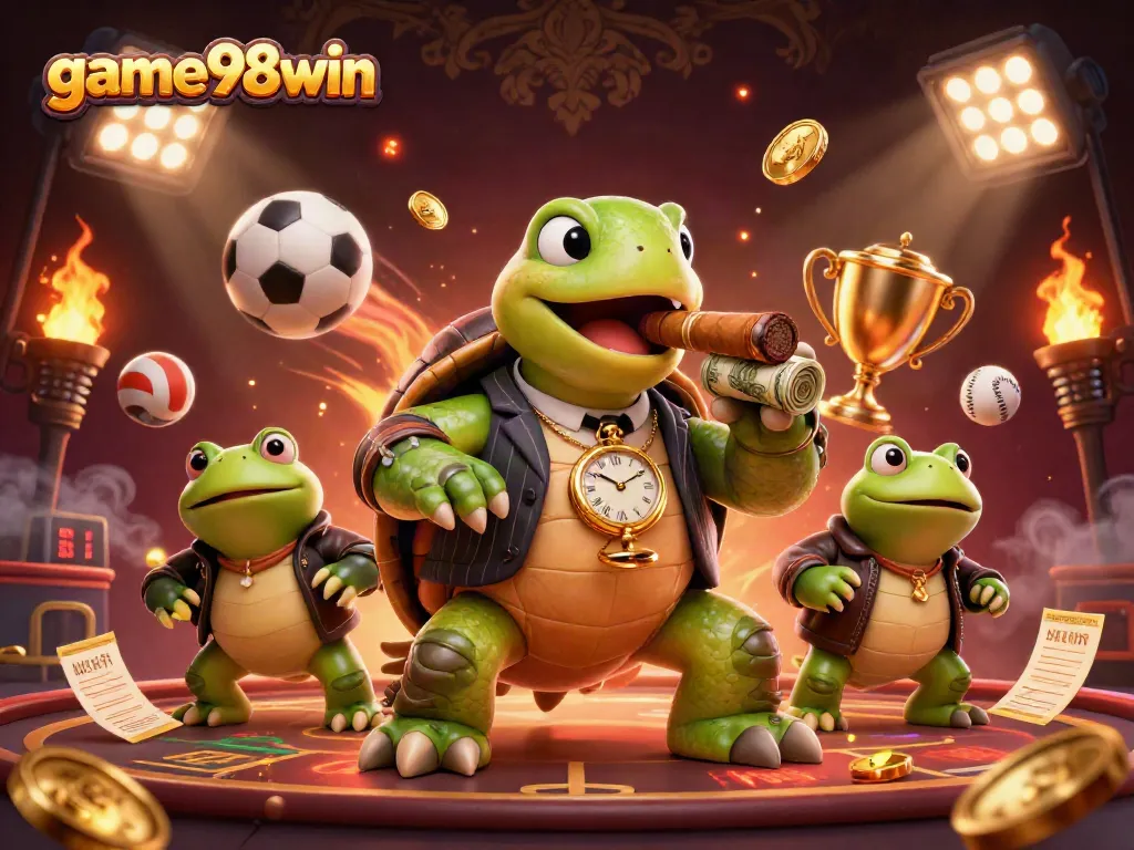 game98win showcases a vibrant casino scene with a cartoon turtle in a mobster suit and sports elements.