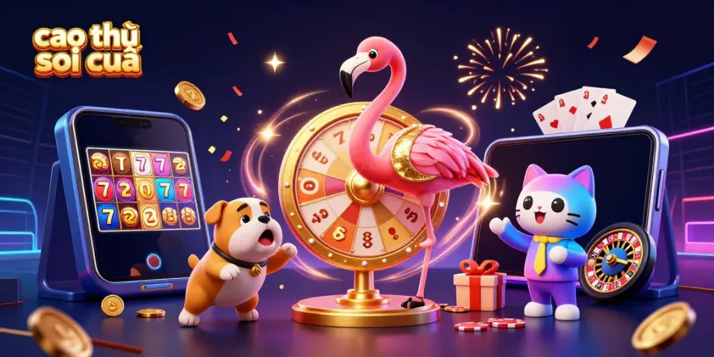 Celebrate with cao thủ soi cầu as the vibrant game show host spins the prize wheel in an exciting casino scene.