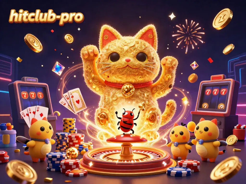 Experience hitclub-pro's vibrant casino adventure with a lucky cat, golden fireflies, and sparkling gems.