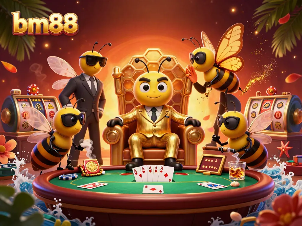 Engaging 3D scene showcasing bm88 in a vibrant casino atmosphere, featuring a bumblebee mob boss and dynamic gambling elements.