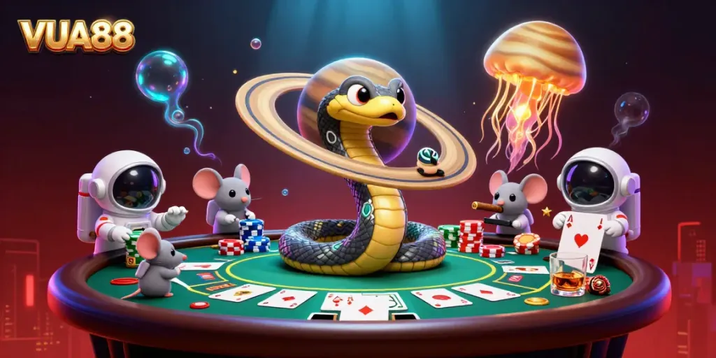 Experience the excitement of VUA88 as astronaut mice bet on the coiled roulette rings of Saturn in this interactive cosmic casino scene.