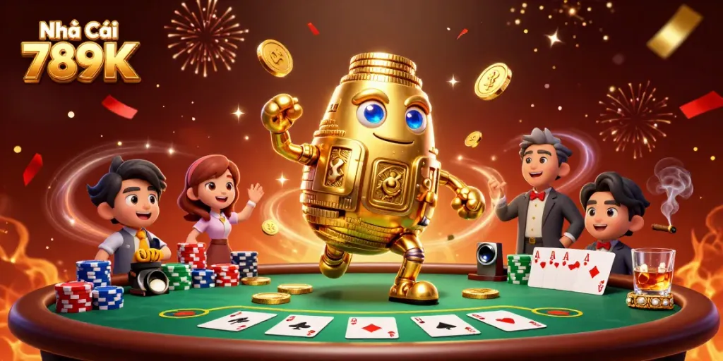 Engage in gaming excitement with Nhà Cái 789K, featuring vibrant characters and casino elements.