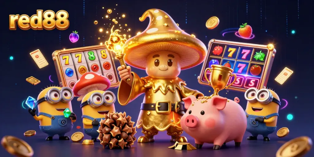 Win big as the red88 wizard unleashes golden treasures in this vibrant casino-themed illustration.