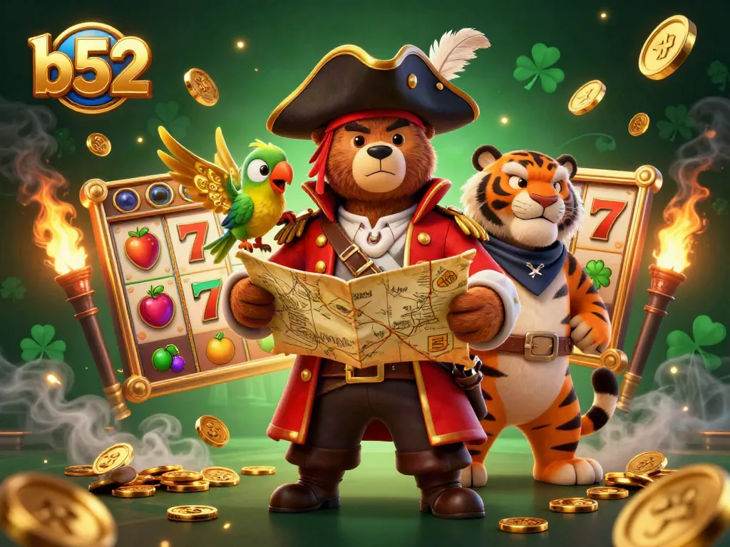 Join the excitement of b52 as a pirate captain and friends celebrate slot wins in a vibrant casino scene.