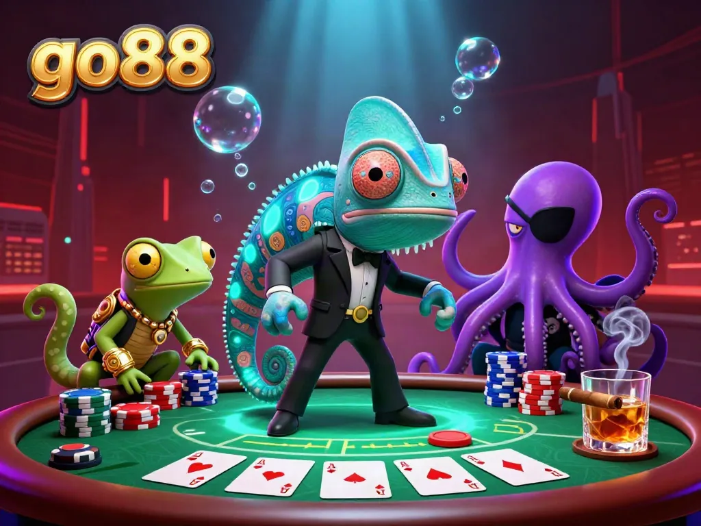 Engage with go88's thrilling poker scene featuring a secret agent chameleon and dazzling gadgets.