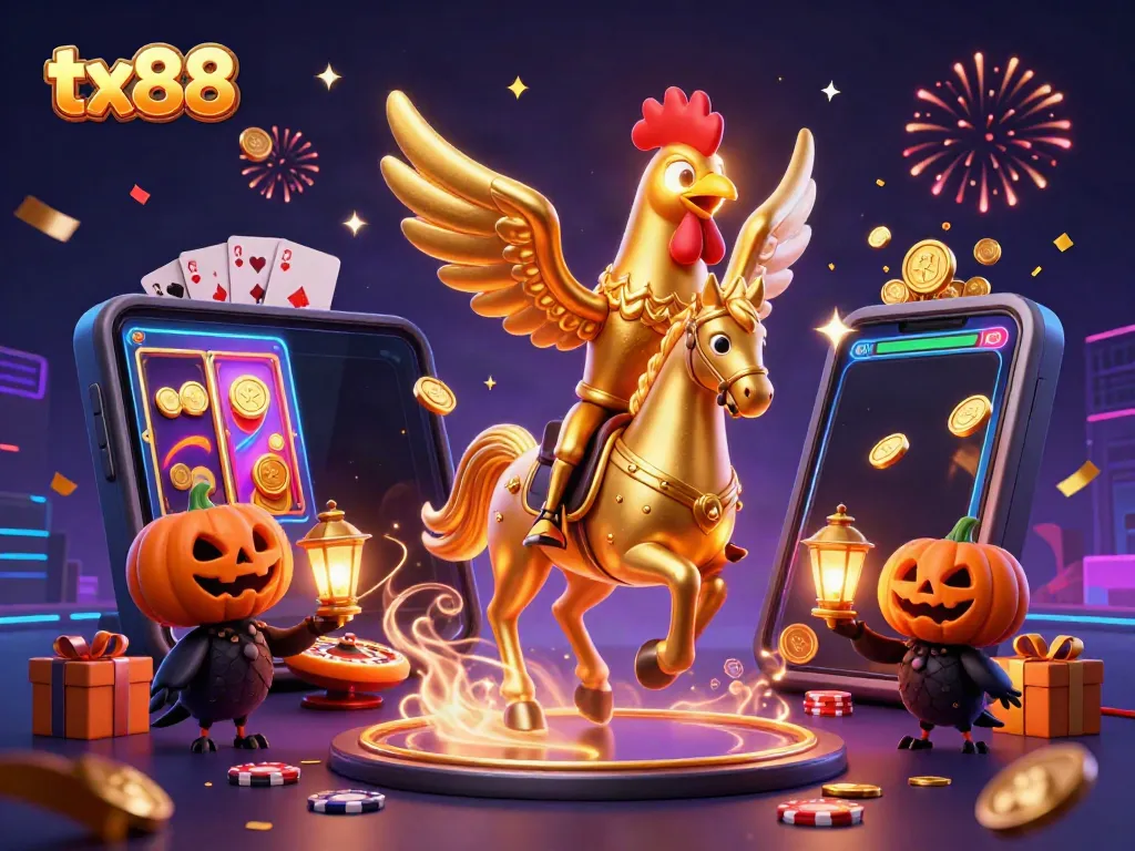 Experience thrilling gaming at tx88 with a golden rooster guiding the adventure in a vibrant casino.