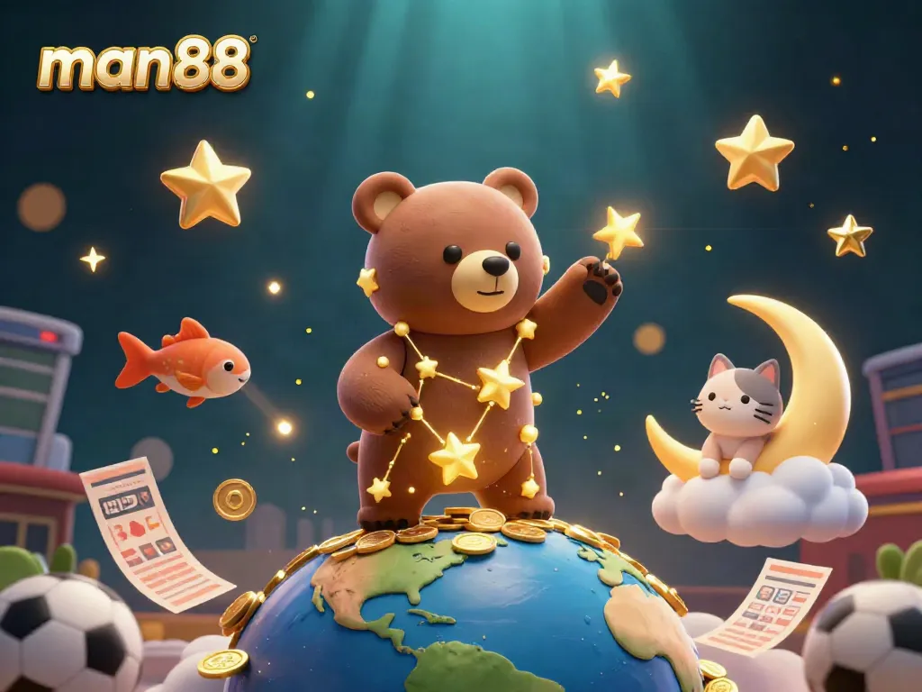 Experience sports betting with man88 in this vibrant 3D scene featuring a constellation bear surrounded by dynamic betting elements.