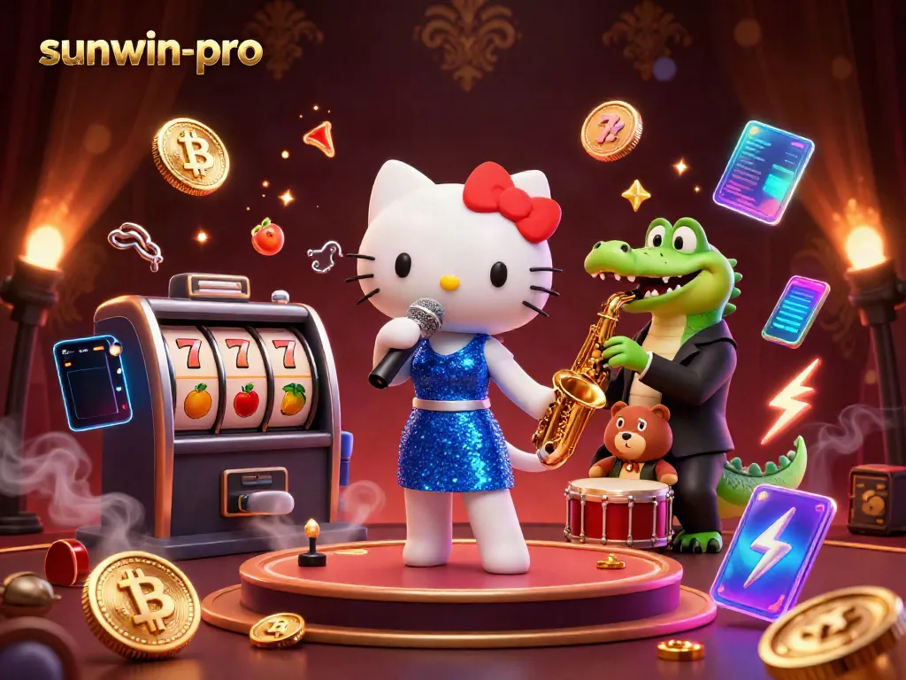 Experience thrilling gameplay with sunwin-pro in a lively casino scene featuring a singing cat, saxophone crocodile, and drum bear.