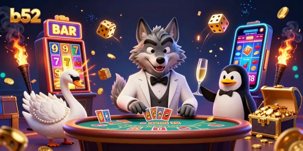 B52-themed 3D casino scene with a wolf, swan, and penguin amidst a jackpot explosion.