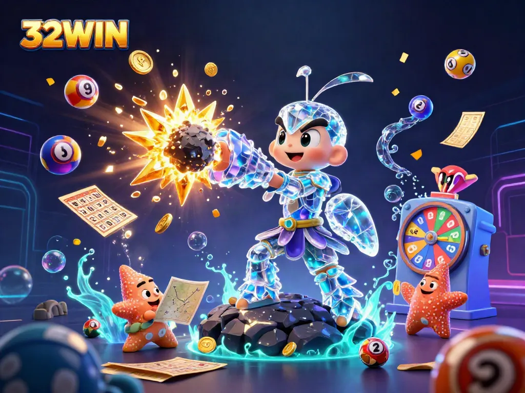 Engage with vibrant lottery dynamics at 32WIN featuring colorful balls, golden prizes, and immersive gaming