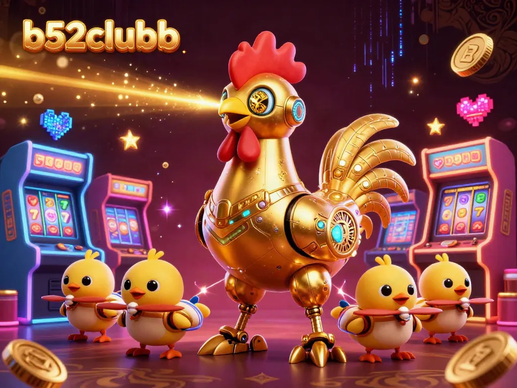 Engage with b52clubb's vibrant casino gaming experience featuring a golden rooster robot and baby chick drones.