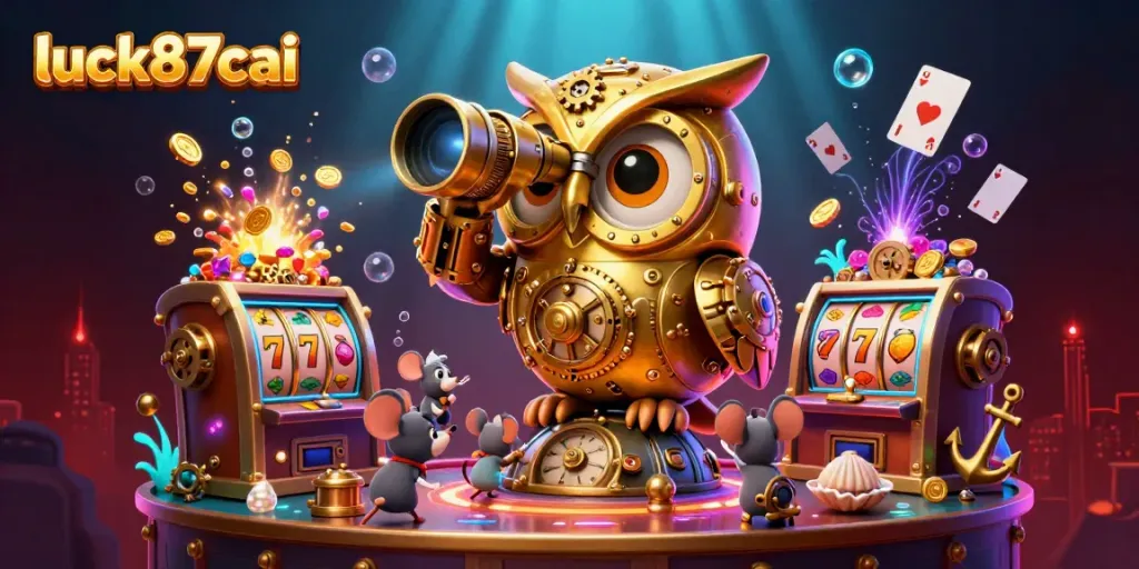 Experience thrilling gameplay at luck87cai with vibrant casino decorations and characters.