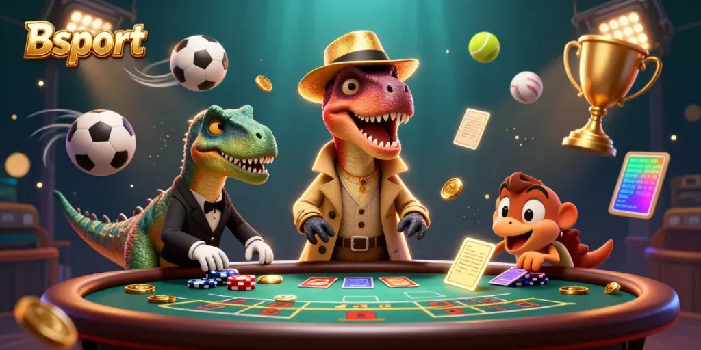 Bsport features a velociraptor card counter in disguise at a blackjack table amid vibrant sports elements.