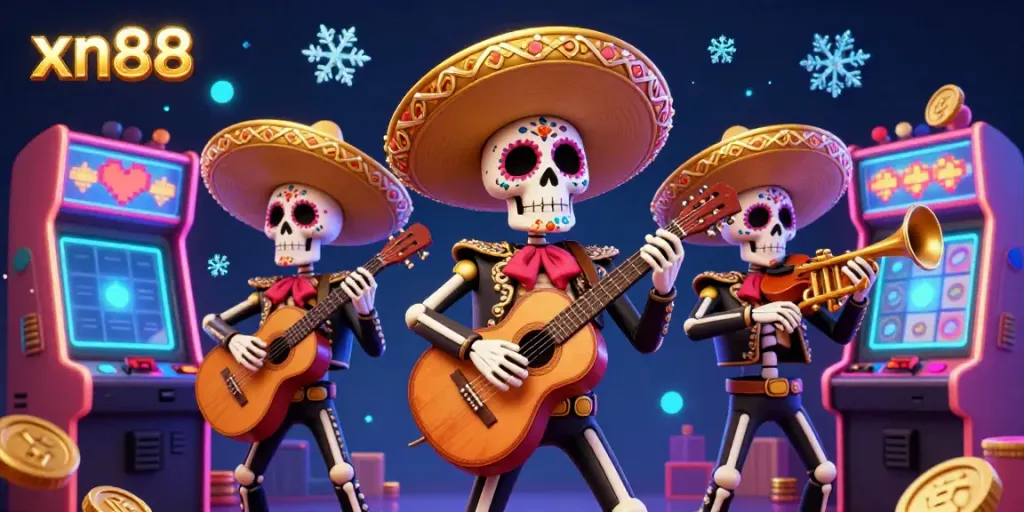 Experience vibrant gaming action with xn88's lively mariachi skeleton band in a colorful casino scene.