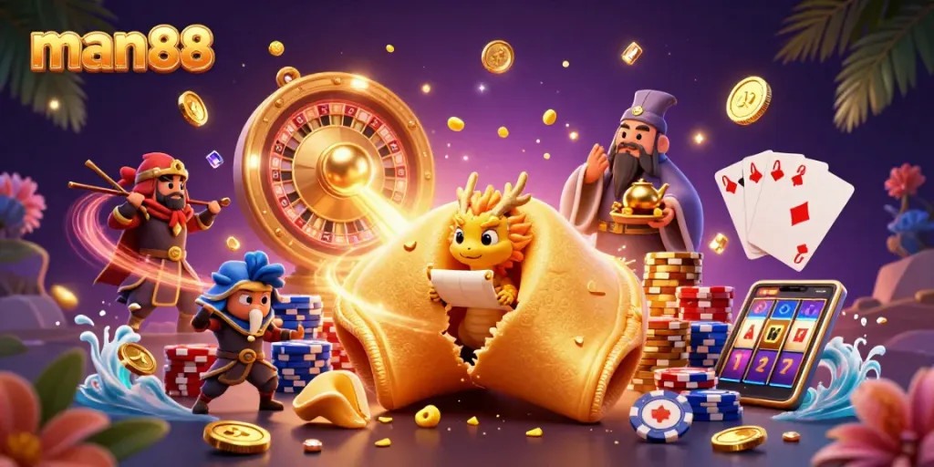 Experience man88's dynamic gameplay with a golden fortune cookie and casino elements in an enchanting 3D scene.