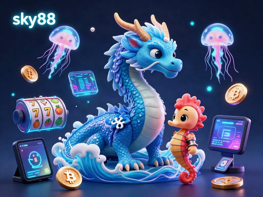 Engage with sky88's vibrant casino scene featuring a compelling azure dragon amidst exciting game elements.