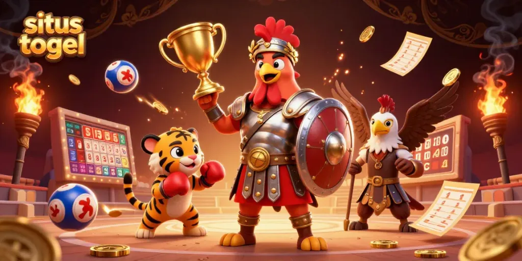 Engage with the situs togel scene featuring a gladiator rooster, tiger cub, and eagle in a dynamic lottery performance.