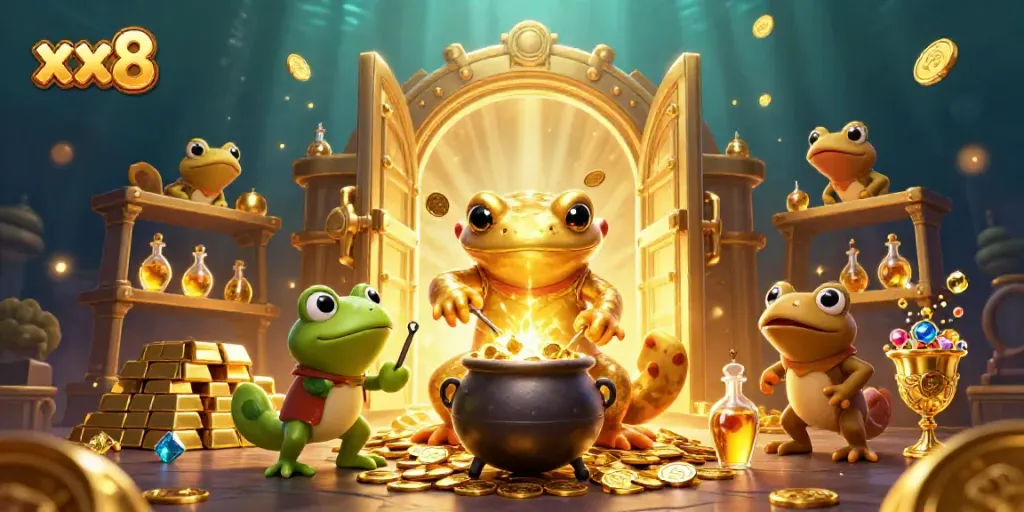 Experience the captivating world of xx8 with a golden salamander alchemist creating riches amidst vibrant casino elements.