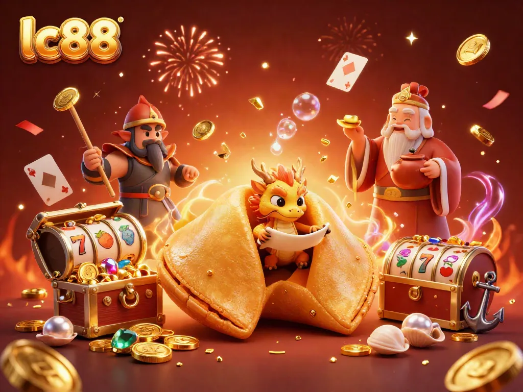 Experience the excitement of lc88's vibrant casino scene with a golden fortune cookie and treasure!