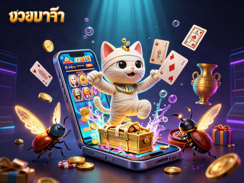 แทงบาคาร่า gaming scene with a mummy cat, golden coins, and glowing elements