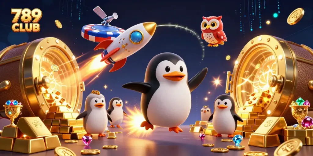 Witness the action at 789 CLUB as a golden penguin soars to a dazzling casino space station!