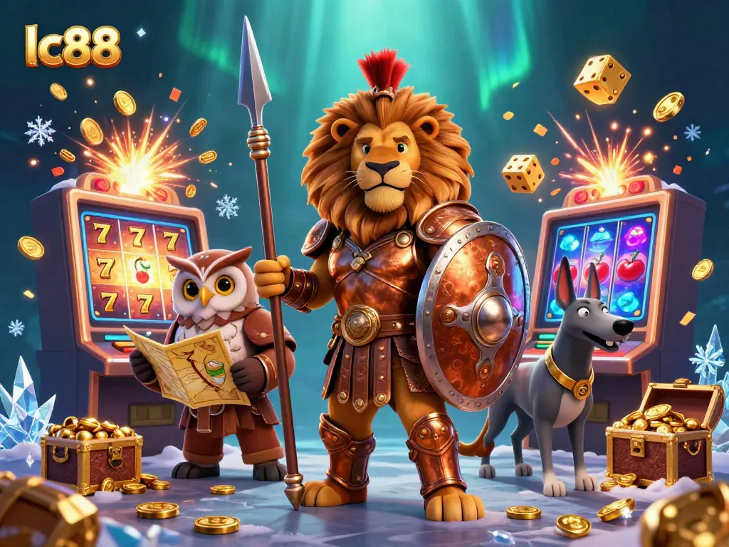 Spin luck at lc88 with a heroic lion and golden gaming elements in a vibrant casino scene.