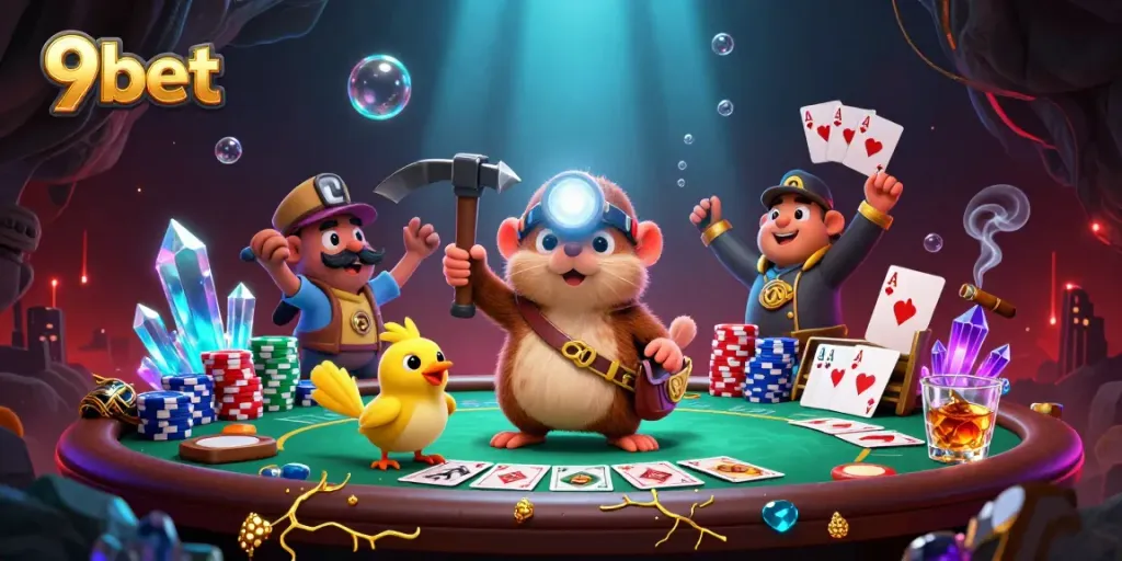 Experience thrilling moments at 9bet with the treasure hunter mole uncovering poker riches amidst glowing gems.