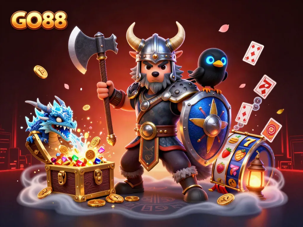 Engage with the GO88 slots adventure featuring a Viking wolf, fierce dragon, and dynamic game elements.