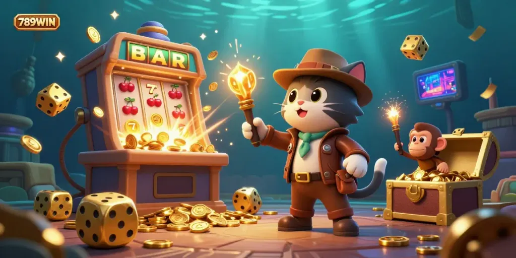 Experience the excitement of 789WIN as cartoon characters discover golden casino treasures amidst a colorful jackpot scene.