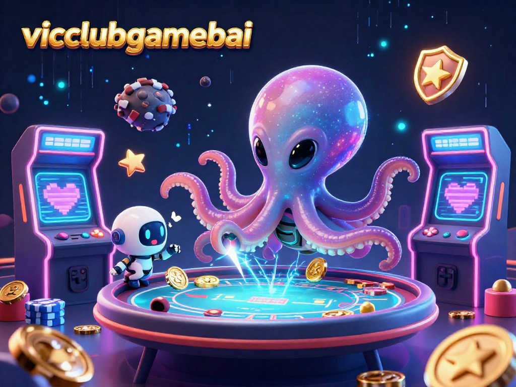 Engage in the excitement of vicclubgamebai with an alien octopus hosting a holographic poker game.