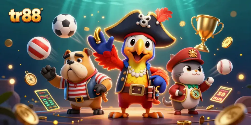 Experience tr88 sports betting excitement with a dynamic 3D scene featuring a pirate captain, bulldog, and navigator.