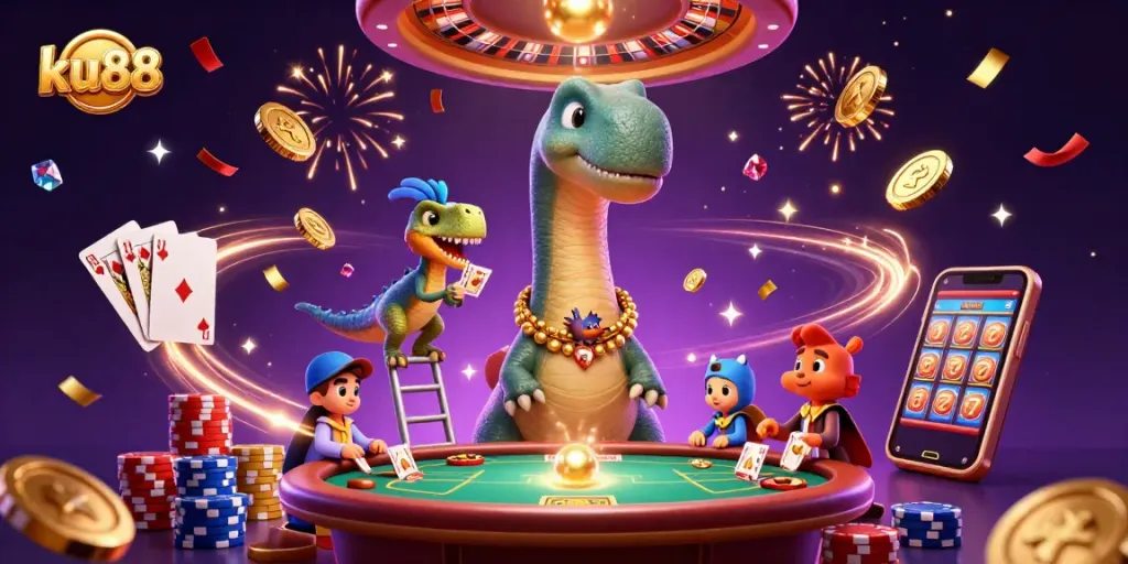 Experience winning moments at ku88 with an exciting 3D casino scene featuring dynamic characters and rich gambling elements.