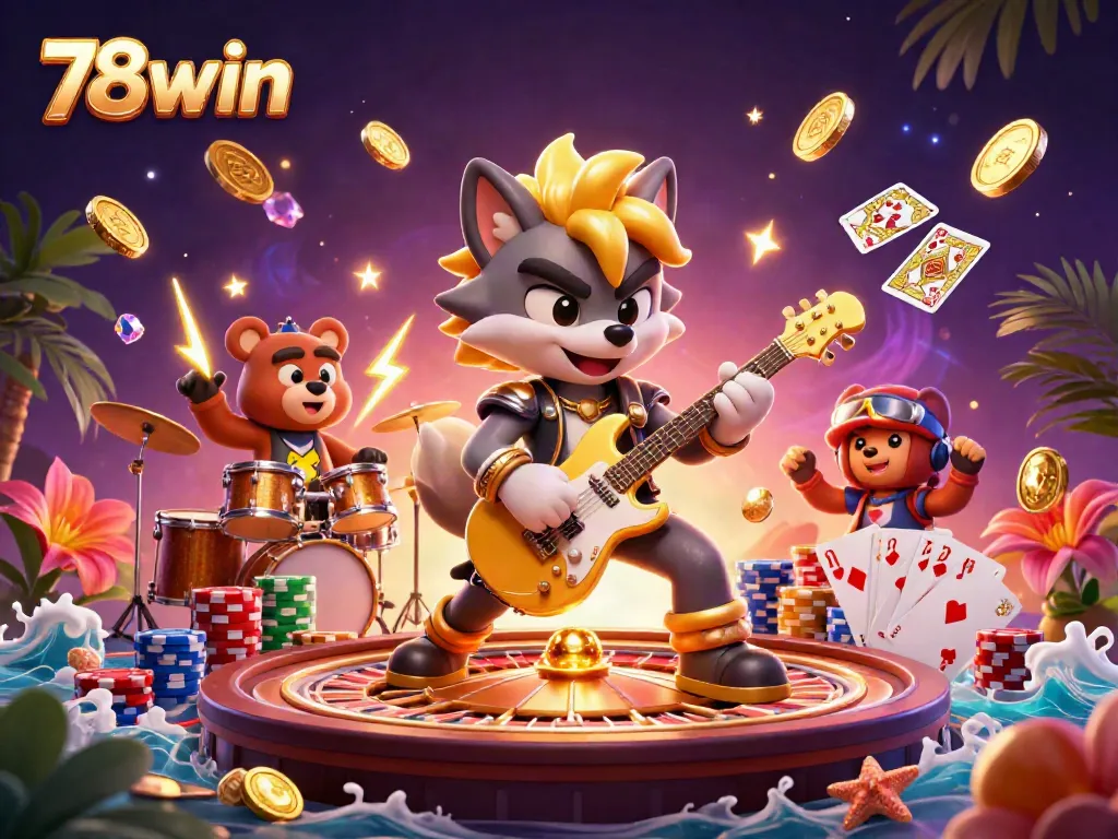 Experience the thrill of 78win with dynamic gaming elements and vibrant casino characters in a rich, colorful scene.