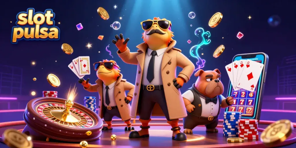Experience the thrill of slot deposit pulsa with colorful 3D illustrations of animated raptors in a casino.