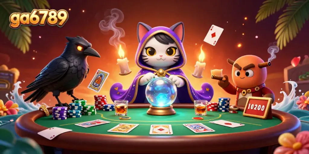 Experience thrilling poker action with ga6789's mystic cat, raven, and vibrant game elements.