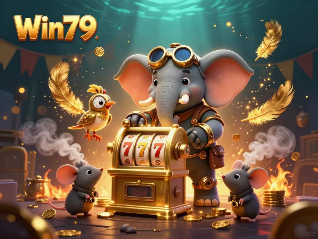 Experience the thrill of Win79 with a vibrant steampunk casino scene featuring a mechanical elephant and slot machine.