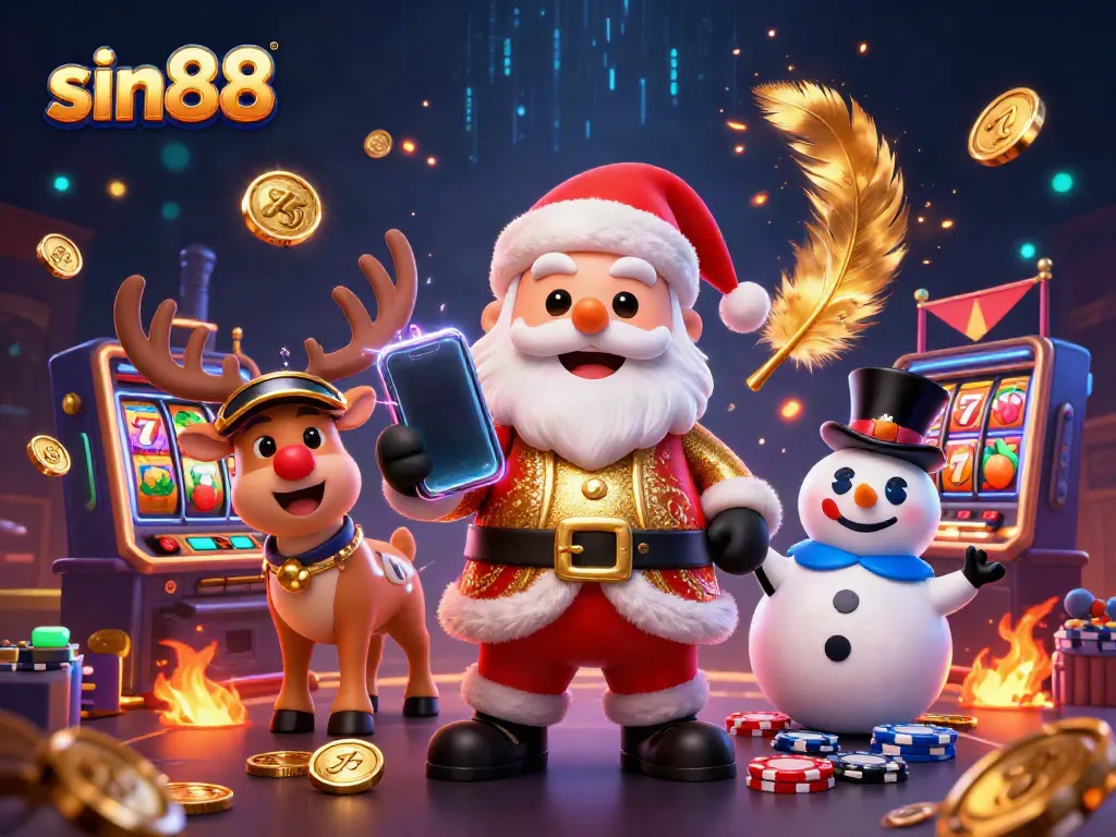 Experience the excitement at sin88 with Santa Claus, his reindeer, and a poker chip snowman celebrating jackpot slots.
