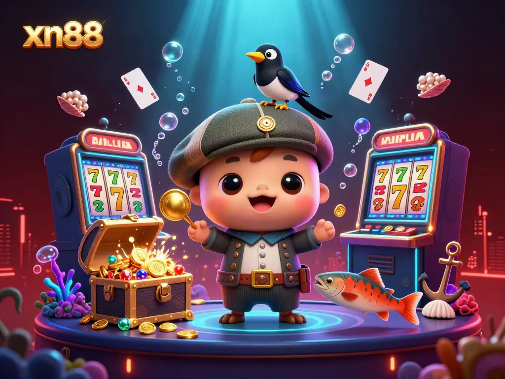 Experience xn88 gaming excitement with a whimsical 3D casino scene featuring Nessie and friends.