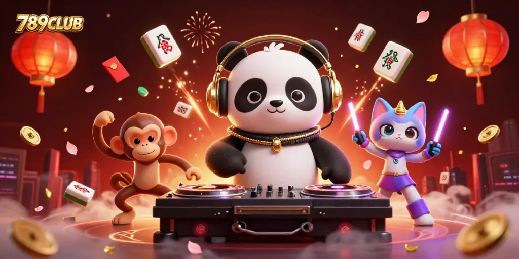Experience the vibrant energy of 789CLUB with a DJ panda, dancing monkey, and rave kitten in a casino scene.