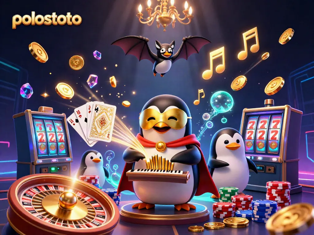 Experience the thrill of polostoto with a penguin organist and gold coins cascading in a vibrant 3D casino.