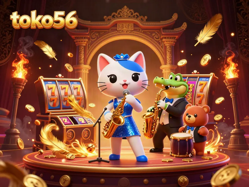 Experience excitement with toko56 as a jazz-singer cat and friends perform on a vibrant casino stage.